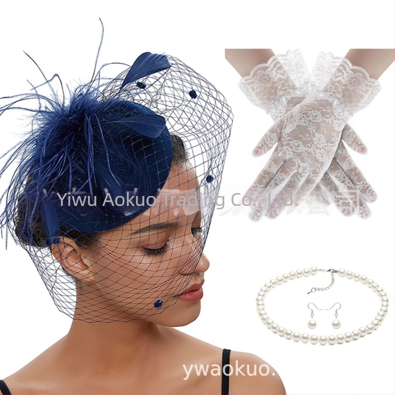 Set retro de mireasă pentru păr cu pene și plasă de voal, cercei și mănuși — lucrat manual, pentru femei, 5463 seturi