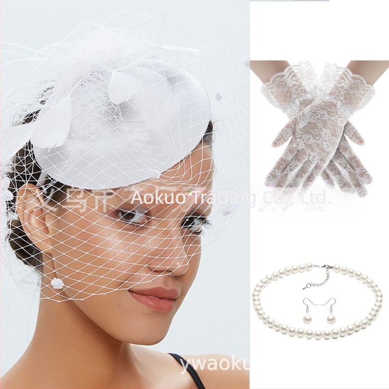 Set retro de mireasă pentru păr cu pene și plasă de voal, cercei și mănuși — lucrat manual, pentru femei, 5463 seturi
