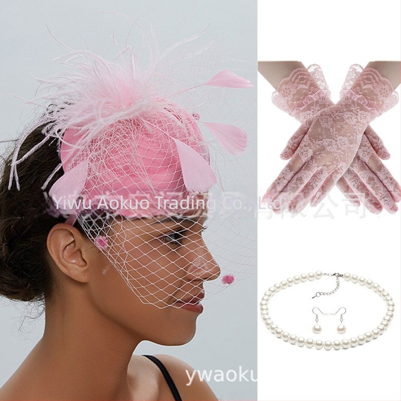 Set retro de mireasă pentru păr cu pene și plasă de voal, cercei și mănuși — lucrat manual, pentru femei, 5463 seturi