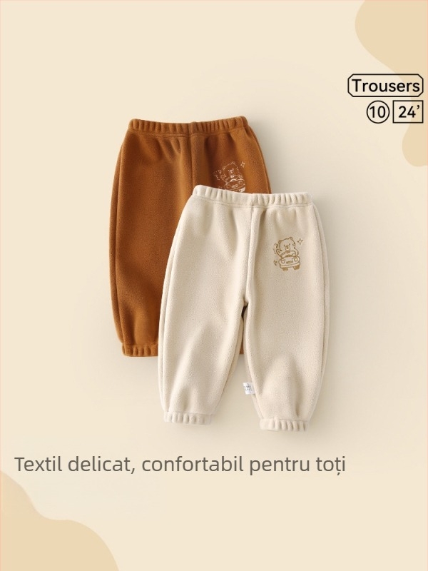 Pantaloni pentru copii mici, căptuțiți cu fleece, croială lejeră, imprimeu animale, poliester 94,1%, talie medie, tratament moale, primăvară și toamnă