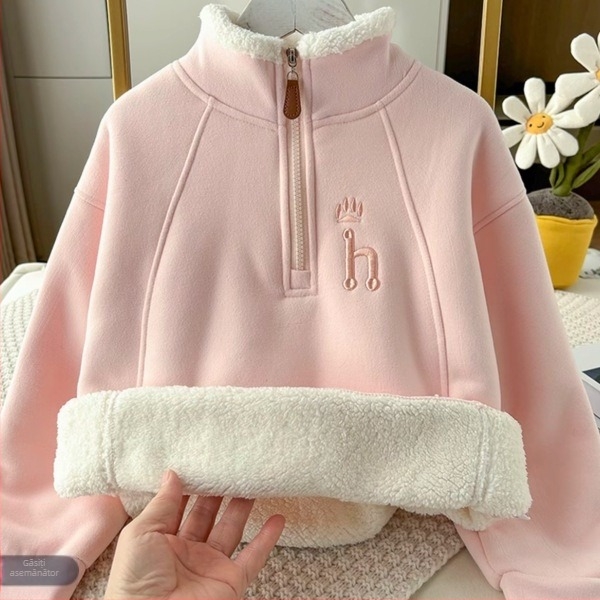 Hanorac din fleece pentru copii, cu fermoar și guler înalt, gros, material din amestec de bumbac, căptușeală poliester, atingere moale