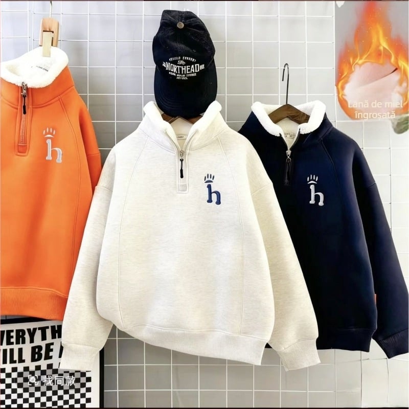 Hanorac din fleece pentru copii, cu fermoar și guler înalt, gros, material din amestec de bumbac, căptușeală poliester, atingere moale