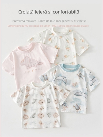 Tricou pentru copii, 100% bumbac, mâneci scurte, guler rotund, imprimeu animal