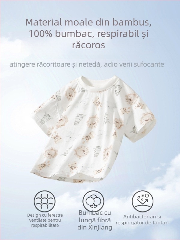 Tricou pentru copii, 100% bumbac, mâneci scurte, guler rotund, imprimeu animal