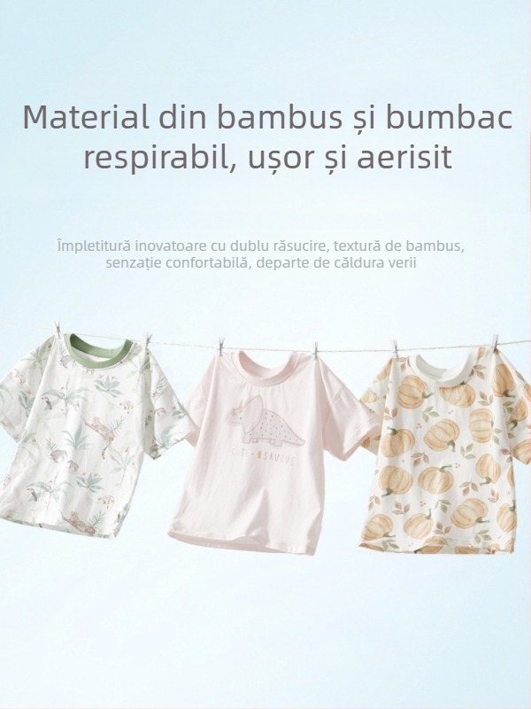 Tricou pentru copii, 100% bumbac, mâneci scurte, guler rotund, imprimeu animal