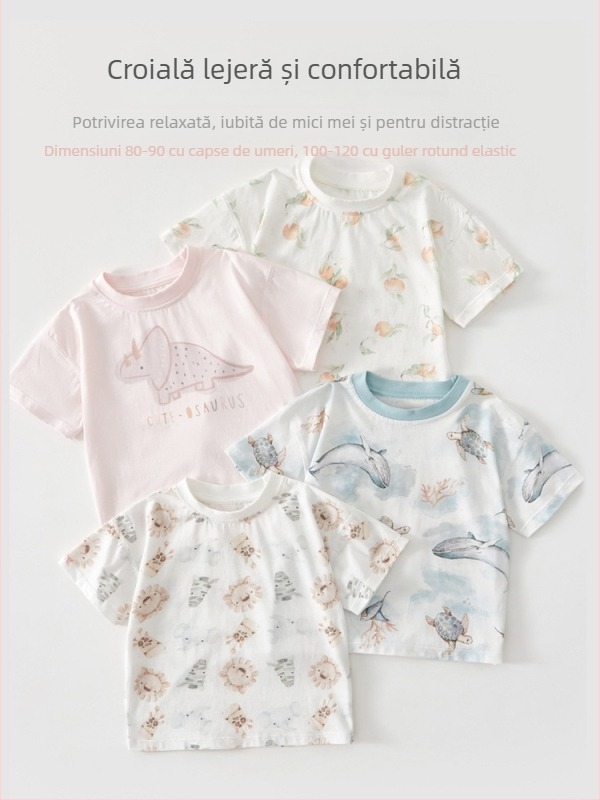 Tricou pentru copii, 100% bumbac, mâneci scurte, guler rotund, imprimeu animal