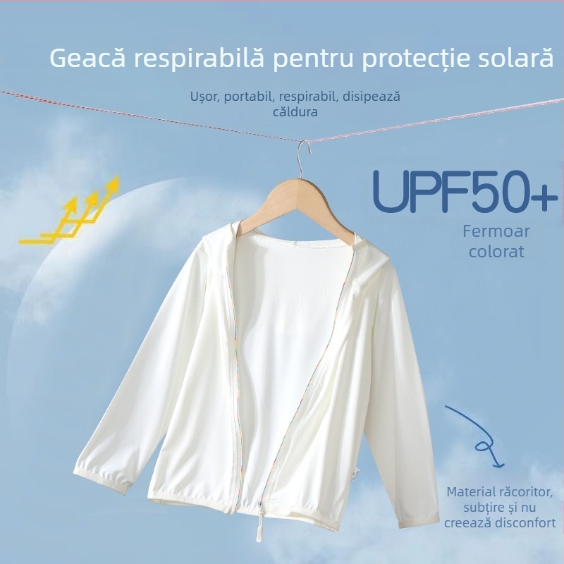 UPF50+ Jachetă de protecție UV pentru copii, ușoară și respirabilă, vară, unisex, căptușită Ice Silk, pentru exterior
