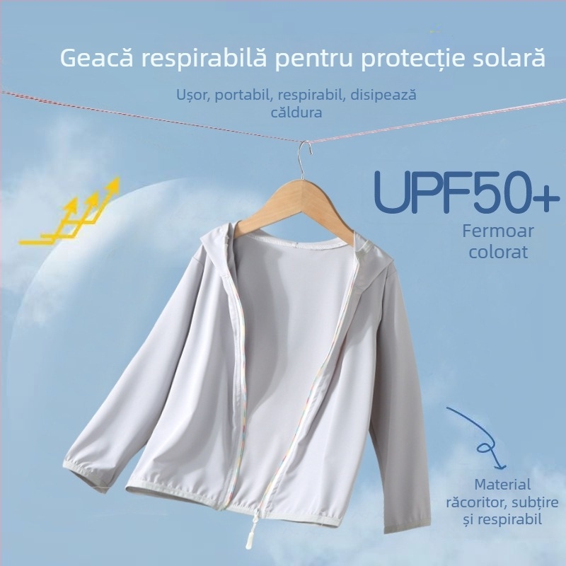 UPF50+ Jachetă de protecție UV pentru copii, ușoară și respirabilă, vară, unisex, căptușită Ice Silk, pentru exterior