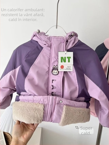 Jachetă de iarnă cu glugă pentru fetițe, căptușeală din fleece, exterior din blană de iepure, design color-block în stil coreean, impermeabilă și rezistentă la vânt, potrivită pentru 7–12 ani