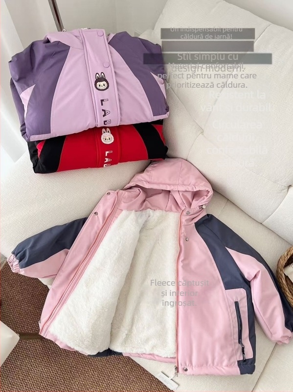 Jachetă de iarnă cu glugă pentru fetițe, căptușeală din fleece, exterior din blană de iepure, design color-block în stil coreean, impermeabilă și rezistentă la vânt, potrivită pentru 7–12 ani
