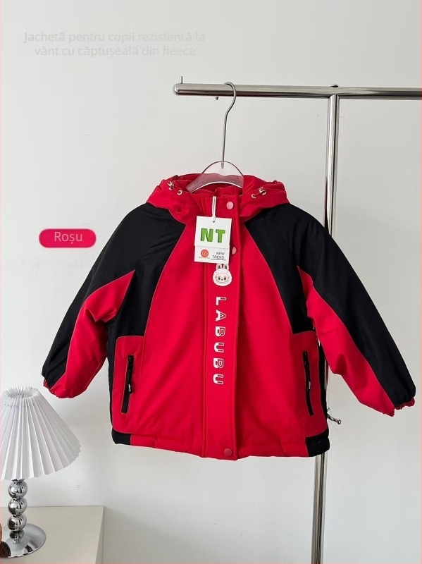 Jachetă de iarnă cu glugă pentru fetițe, căptușeală din fleece, exterior din blană de iepure, design color-block în stil coreean, impermeabilă și rezistentă la vânt, potrivită pentru 7–12 ani