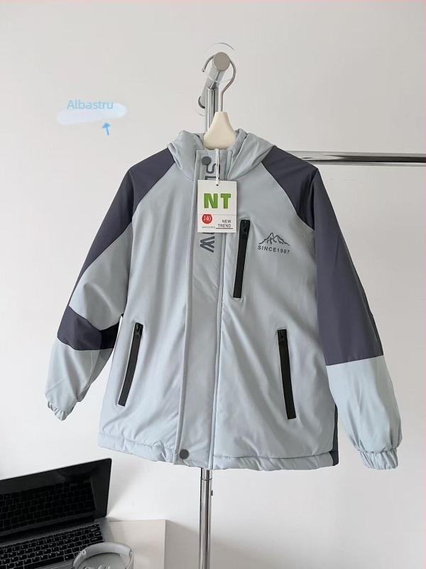 Jachetă de iarnă cu glugă pentru fetițe, căptușeală din fleece, exterior din blană de iepure, design color-block în stil coreean, impermeabilă și rezistentă la vânt, potrivită pentru 7–12 ani