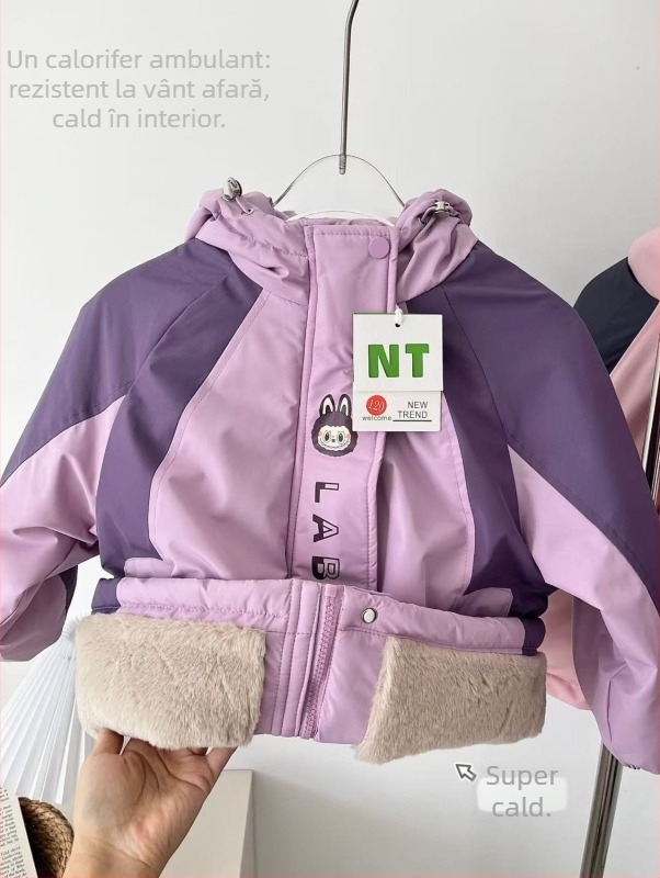 Jachetă de iarnă cu glugă pentru fetițe, căptușeală din fleece, exterior din blană de iepure, design color-block în stil coreean, impermeabilă și rezistentă la vânt, potrivită pentru 7–12 ani
