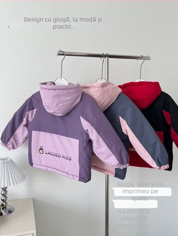 Jachetă de iarnă cu glugă pentru fetițe, căptușeală din fleece, exterior din blană de iepure, design color-block în stil coreean, impermeabilă și rezistentă la vânt, potrivită pentru 7–12 ani