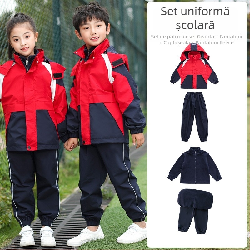 Set trei piese de uniformă școlară pentru toamnă-iarnă, stil sport, unisex pentru copii 8+ ani, cu fermoar și glugă detașabilă