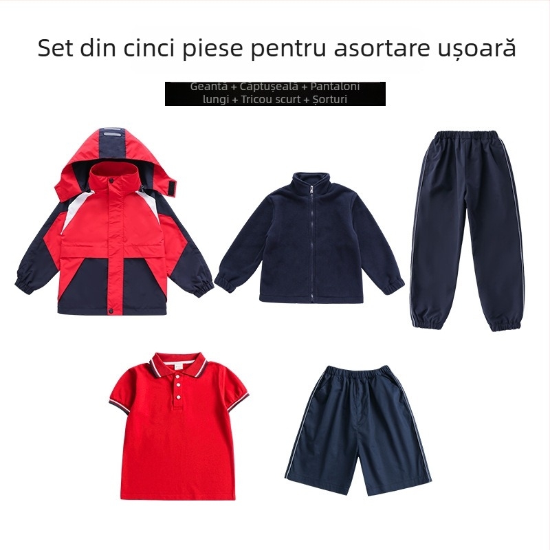 Set trei piese de uniformă școlară pentru toamnă-iarnă, stil sport, unisex pentru copii 8+ ani, cu fermoar și glugă detașabilă