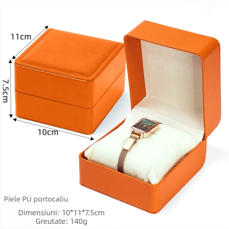 Cutie ceas WH24 – piele PU cu velur în interior; ștampilare la cald, ștampilare argintie și cusătură; ambalaj pentru cadouri și bijuterii