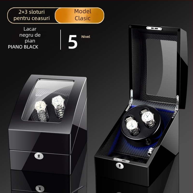 Rotitor automat pentru ceasuri - construcție MDF, finisaj pian, model 2+3, ambalare cadou/bijuterii, FA Tiya