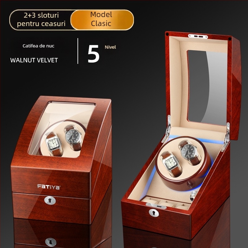 Rotitor automat pentru ceasuri - construcție MDF, finisaj pian, model 2+3, ambalare cadou/bijuterii, FA Tiya