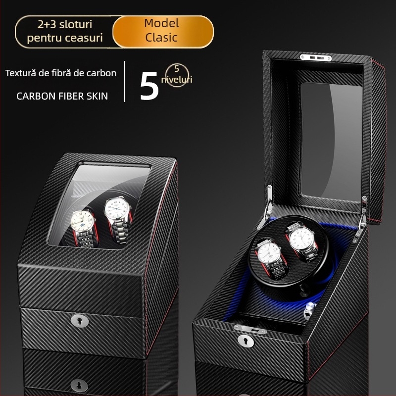 Rotitor automat pentru ceasuri - construcție MDF, finisaj pian, model 2+3, ambalare cadou/bijuterii, FA Tiya