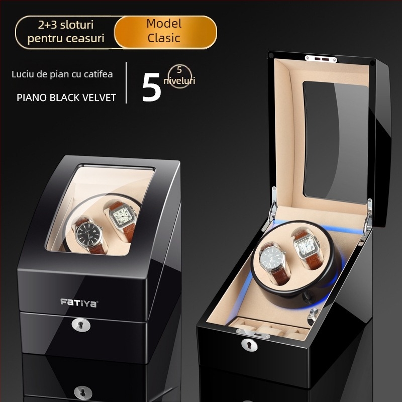 Rotitor automat pentru ceasuri - construcție MDF, finisaj pian, model 2+3, ambalare cadou/bijuterii, FA Tiya