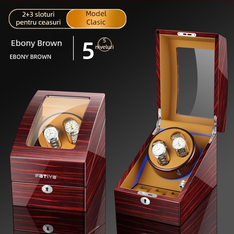 Rotitor automat pentru ceasuri - construcție MDF, finisaj pian, model 2+3, ambalare cadou/bijuterii, FA Tiya