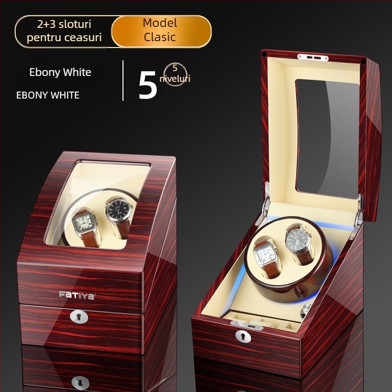 Rotitor automat pentru ceasuri - construcție MDF, finisaj pian, model 2+3, ambalare cadou/bijuterii, FA Tiya