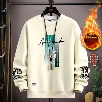 Pulover bărbătește din fleece, guler rotund, croi lejer, mâneci lungi, 100% poliester