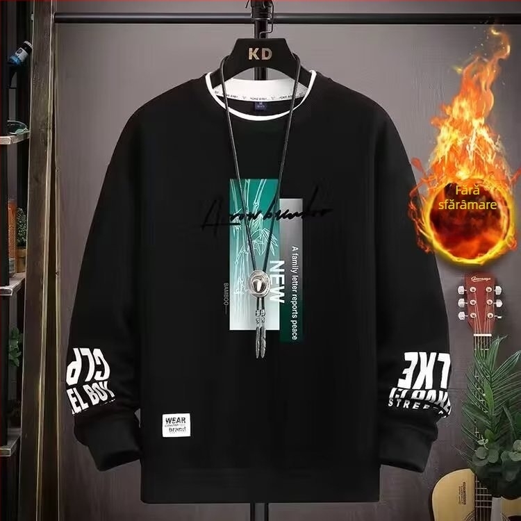 Pulover bărbătește din fleece, guler rotund, croi lejer, mâneci lungi, 100% poliester