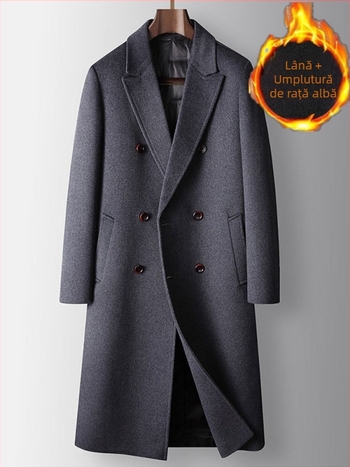 Palton lung din lână pentru bărbați – cu nasturi dubli, căptușeală detașabilă cu puf, croială liberă, guler stil costum (Țesătură de lână groasă; Material principal: lână; Căptușeală detașabilă cu puf; Croială liberă; Guler stil costum)