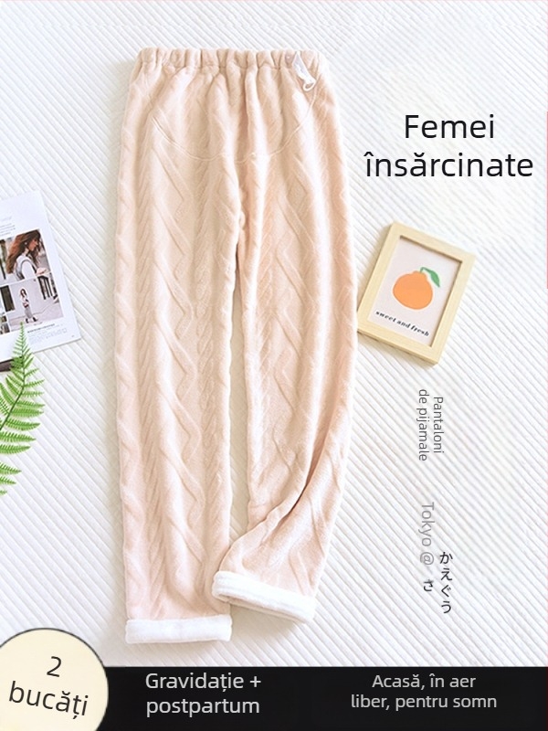 Pantaloni de pijama pentru gravide, călduroși din polar coral, susținere abdominală, croială lejeră, poliester 95%+, iarna 2024