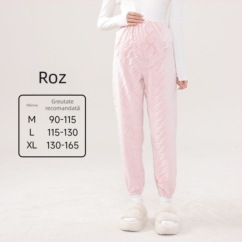 Pantaloni de pijama pentru gravide, călduroși din polar coral, susținere abdominală, croială lejeră, poliester 95%+, iarna 2024