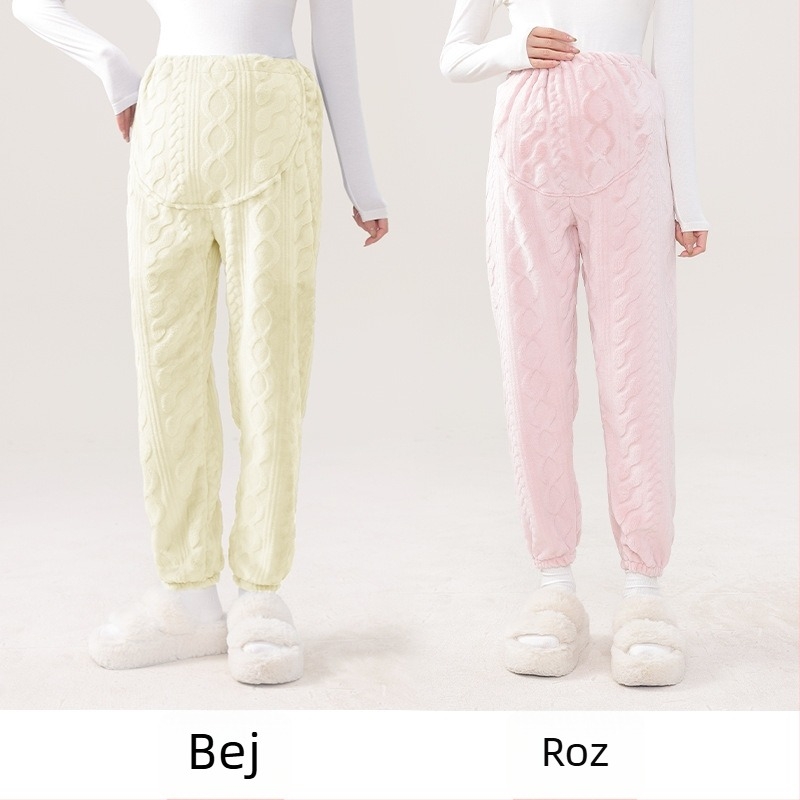 Pantaloni de pijama pentru gravide, călduroși din polar coral, susținere abdominală, croială lejeră, poliester 95%+, iarna 2024