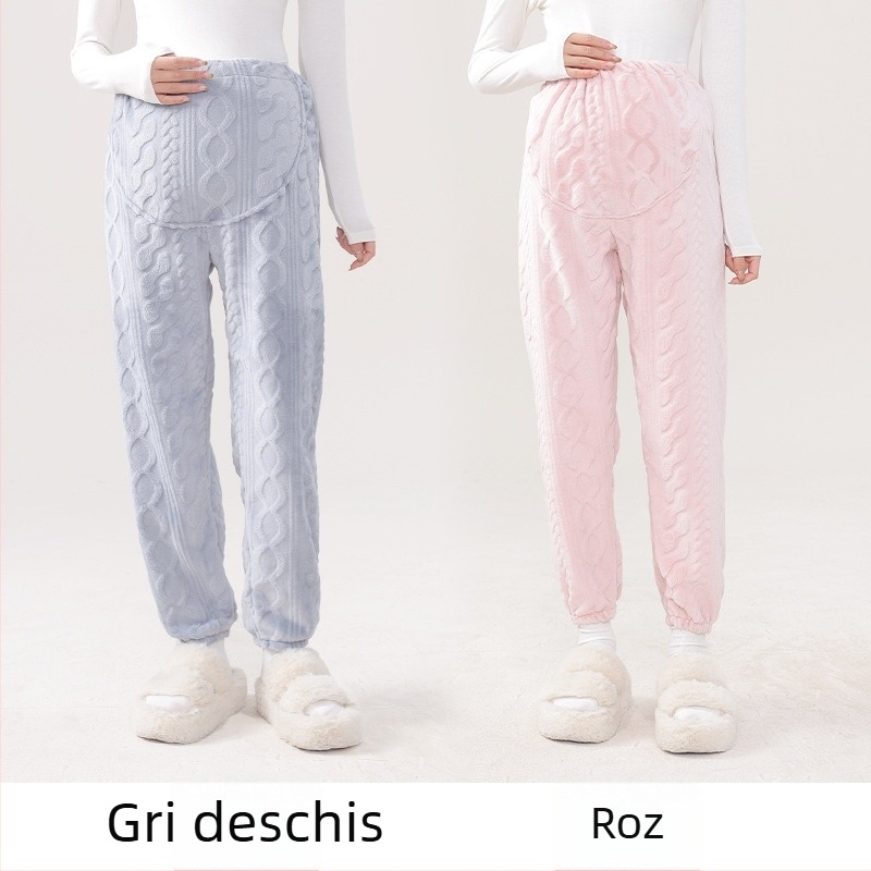 Pantaloni de pijama pentru gravide, călduroși din polar coral, susținere abdominală, croială lejeră, poliester 95%+, iarna 2024