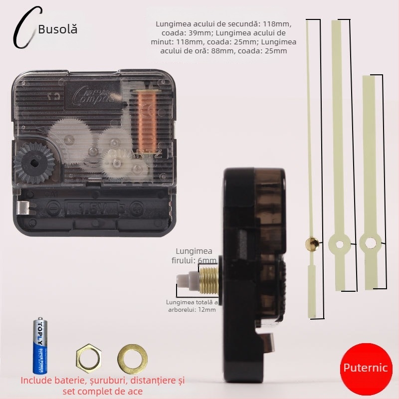 Mecanism de ceas cuarț pentru ceas de perete – funcționare silențioasă, mișcare lină a secundei, carcasă din plastic