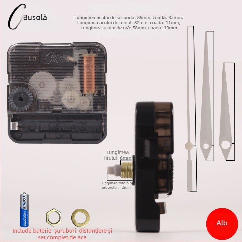 Mecanism de ceas cuarț pentru ceas de perete – funcționare silențioasă, mișcare lină a secundei, carcasă din plastic