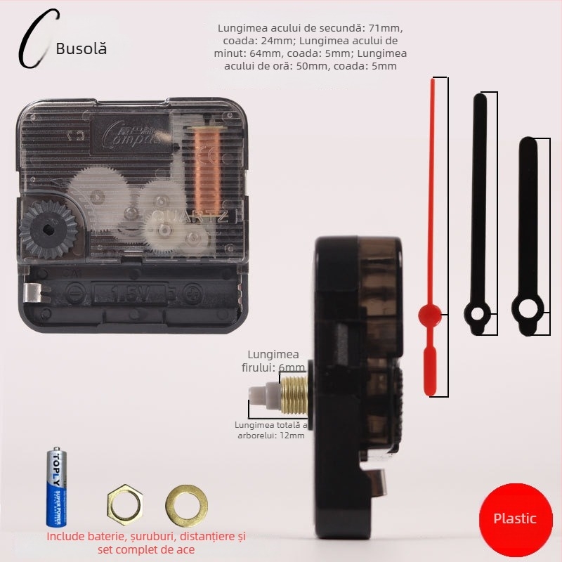 Mecanism de ceas cuarț pentru ceas de perete – funcționare silențioasă, mișcare lină a secundei, carcasă din plastic
