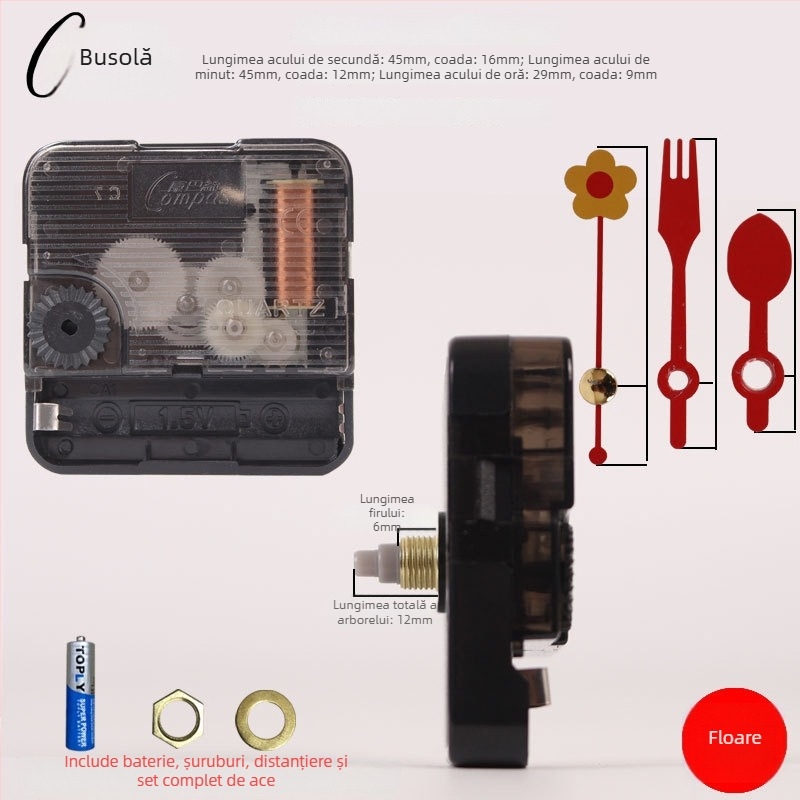 Mecanism de ceas cuarț pentru ceas de perete – funcționare silențioasă, mișcare lină a secundei, carcasă din plastic