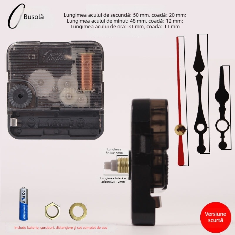Mecanism de ceas cuarț pentru ceas de perete – funcționare silențioasă, mișcare lină a secundei, carcasă din plastic