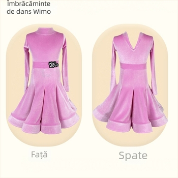 Costum de dans latino pentru fete, velur, mâneci lungi, decolteu în V inversat, două piese pentru competiții