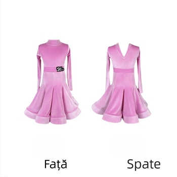 Costum de dans latino pentru fete, velur, mâneci lungi, decolteu în V inversat, două piese pentru competiții