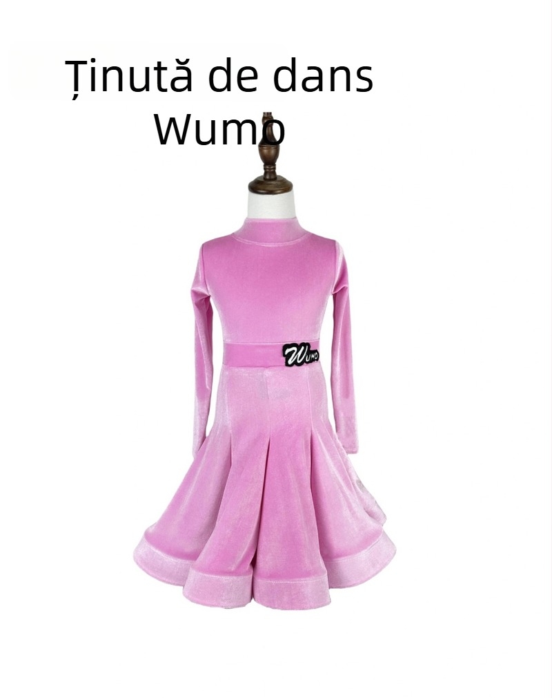 Costum de dans latino pentru fete, velur, mâneci lungi, decolteu în V inversat, două piese pentru competiții