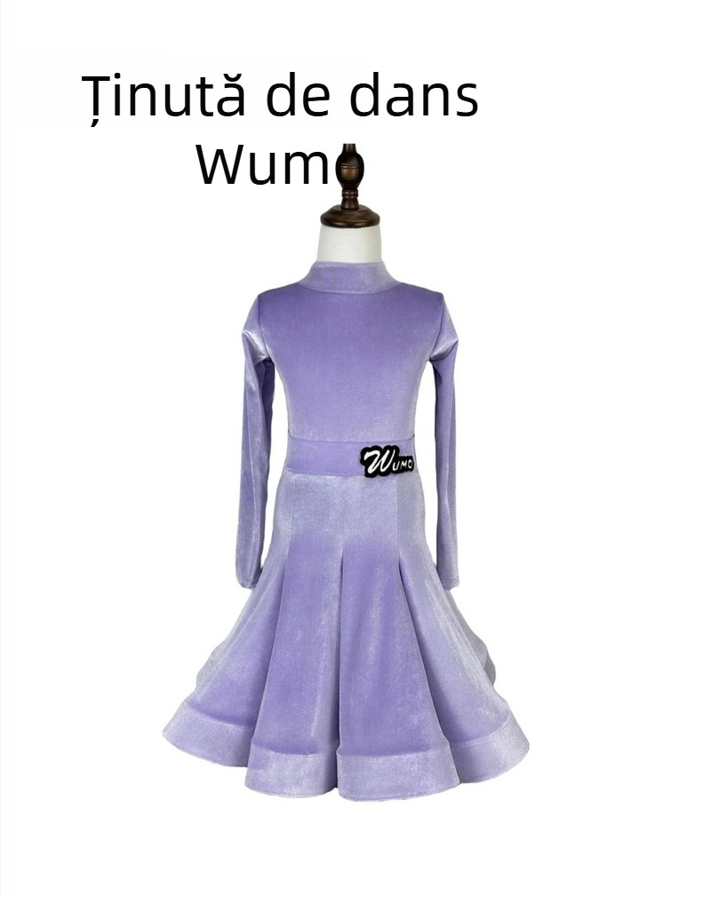 Costum de dans latino pentru fete, velur, mâneci lungi, decolteu în V inversat, două piese pentru competiții