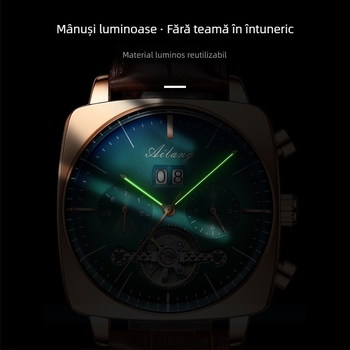 Ceas mecanic skeleton Tourbillon pătrat, automat, cu calendar, cadran luminos, rezistent la apă 30 m