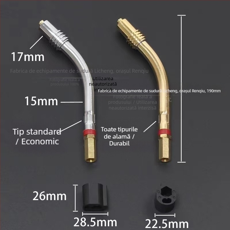 Accesorii pentru sudură cu protecție gaz: duză protecție, capac de duză, suport pentru tijă de conectare a duzei, cot; acoperire de cupru; sudură a diferitelor metale