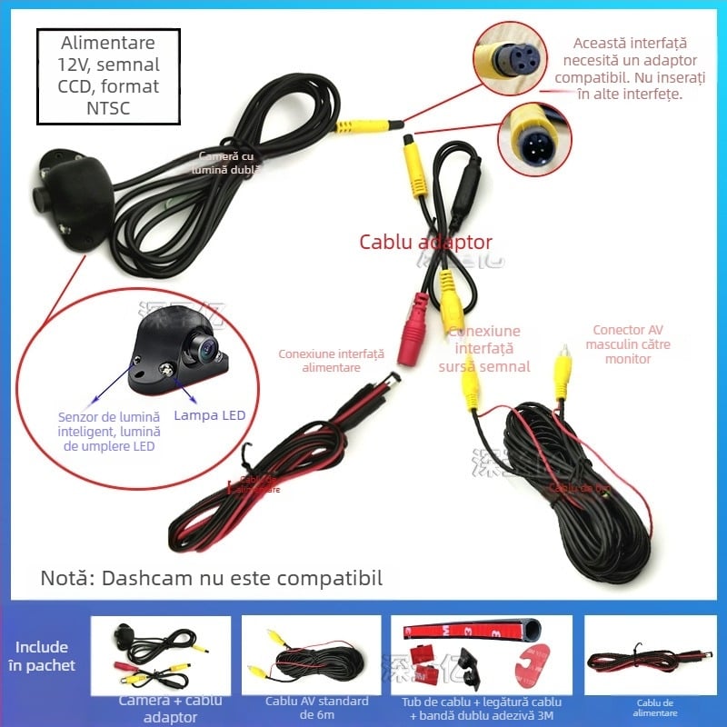 Cameră pentru unghi mort dreapta la mașină, vizualizare laterală față/spate, 12V, reglaj 360°, rezoluție 480×272, semnal AV, 6W
