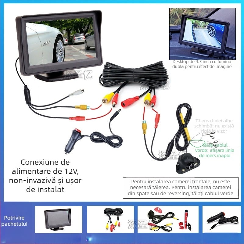Cameră pentru unghi mort dreapta la mașină, vizualizare laterală față/spate, 12V, reglaj 360°, rezoluție 480×272, semnal AV, 6W