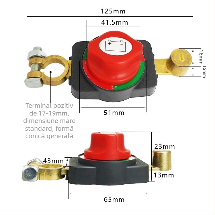 Cablu de prelungire pentru polul pozitiv al bateriei auto, întrerupător principal cu lamă, curent înalt, 125 mm