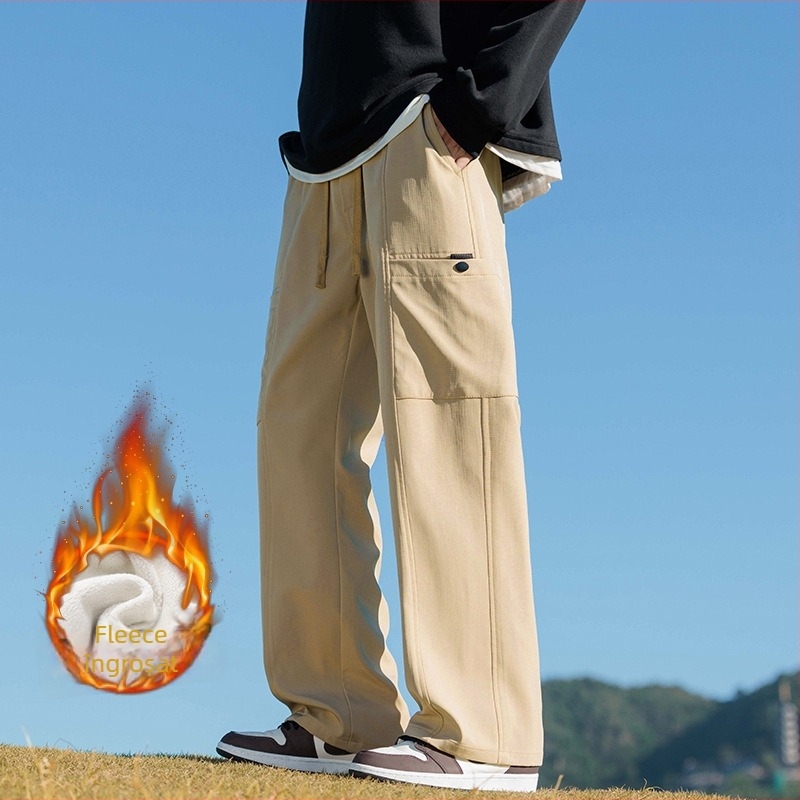 Pantaloni cargo bărbați cu fleece, croială dreaptă, talie medie, stil urban pentru tineri