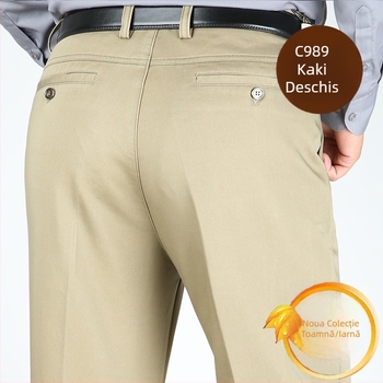 Pantaloni groși de iarnă din bumbac pentru bărbați, croială dreaptă, talie înaltă, stil business casual cu mai multe buzunare